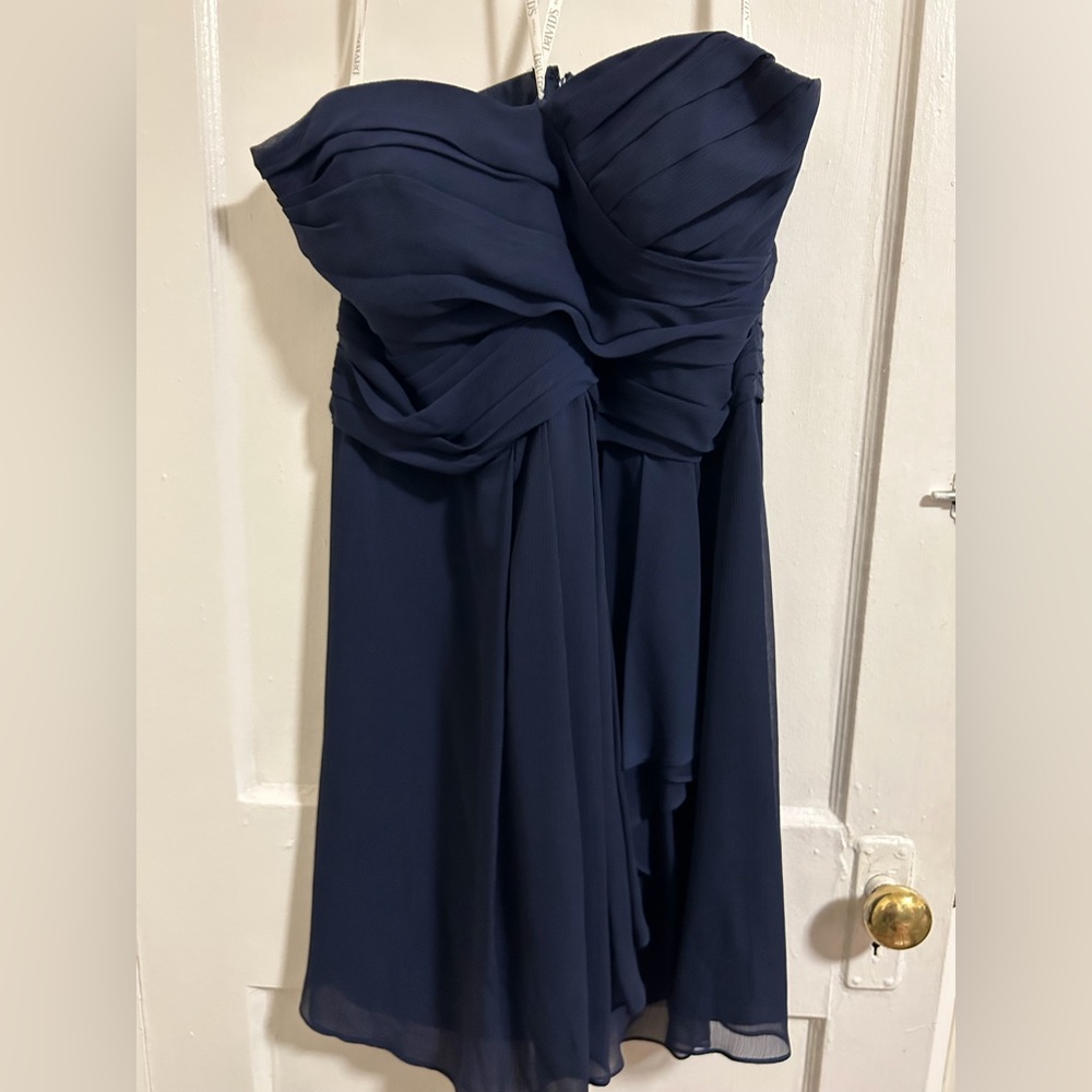 David’s Bridal short navy bridesmaid dress